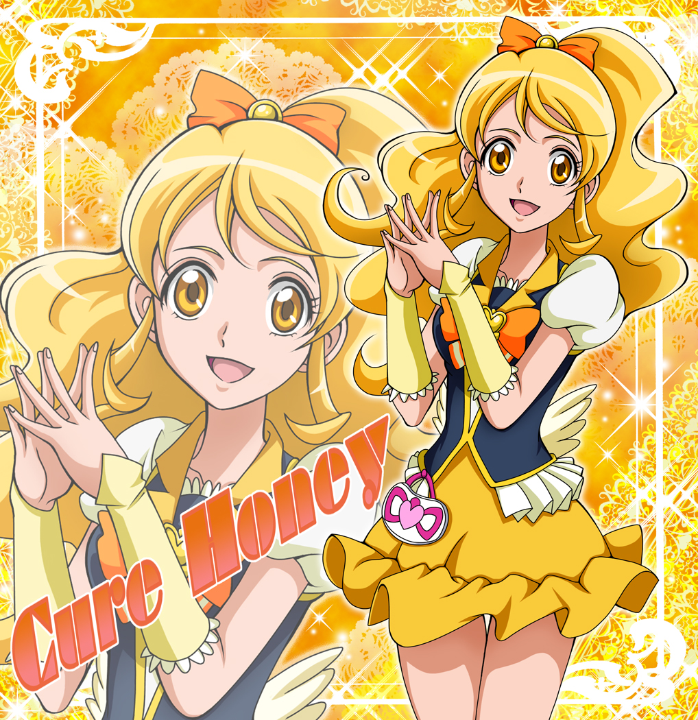 blonde_hair bow bowtie character_name cure_honey hair_bow hands_together hanzou happinesscharge_precure! long_hair magical_girl oomori_yuuko orange_(color) orange_background precure skirt smile solo wide_ponytail wrist_cuffs yellow_eyes yellow_skirt zoom_layer