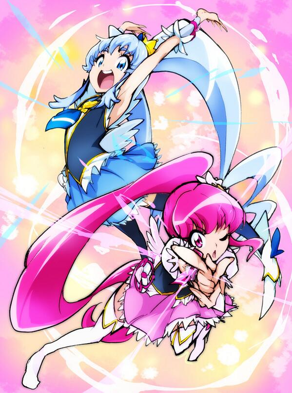 aino_megumi bad_id bad_twitter_id blue_eyes blue_hair blue_skirt boots crown cure_lovely cure_princess enouchi_ai hair_ornament happinesscharge_precure! long_hair magical_girl multiple_girls open_mouth pink_eyes pink_hair ponytail precure shirayuki_hime skirt smile thigh_boots thighhighs twintails wrist_cuffs