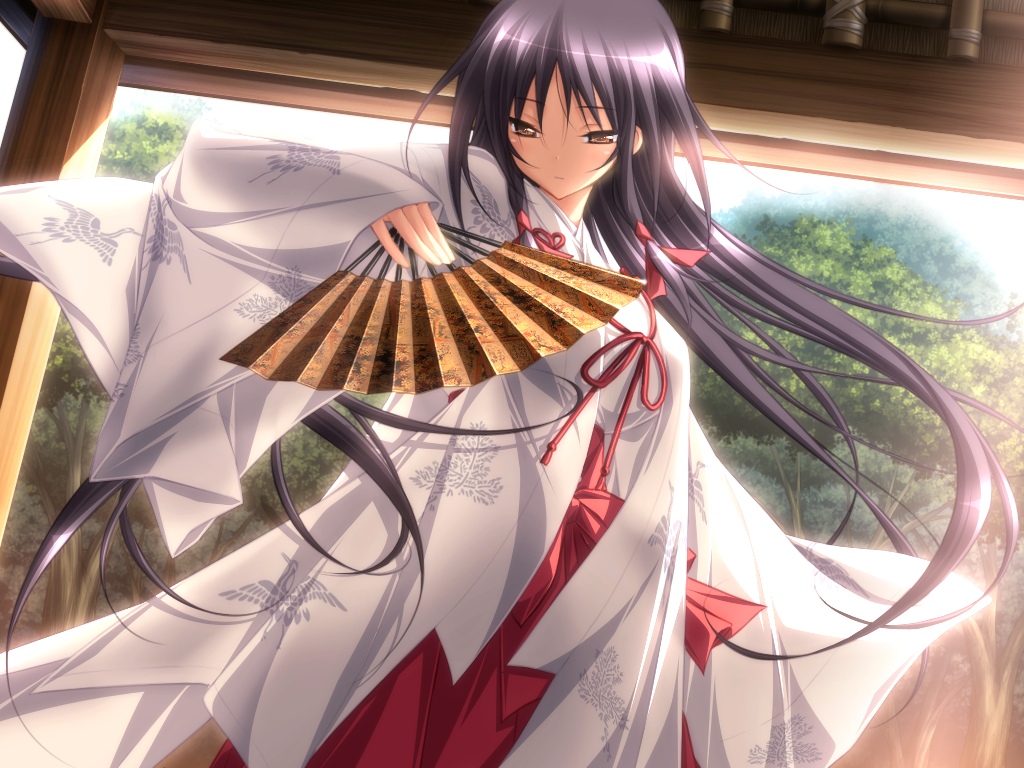 1girl black_hair brown_eyes closed_mouth fan female game_cg japanese_clothes kasuga_iori koku long_hair long_sleeves mirai_nostalgia sleeves_past_wrist sleeves_past_wrists solo straight_hair traditional_clothes