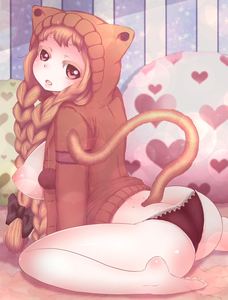animal_ears ass barefoot black_bow black_panties bow braid breasts brown_hair butt_crack cat_ears cat_tail hair_bow hair_ornament hood hooded_sweater jacket large_breasts long_hair looking_at_viewer nipples open_clothes open_jacket open_mouth original panties parted_lips puffy_nipples red_eyes ruri_yuu sitting solo sweater tail twin_braids underwear wariza
