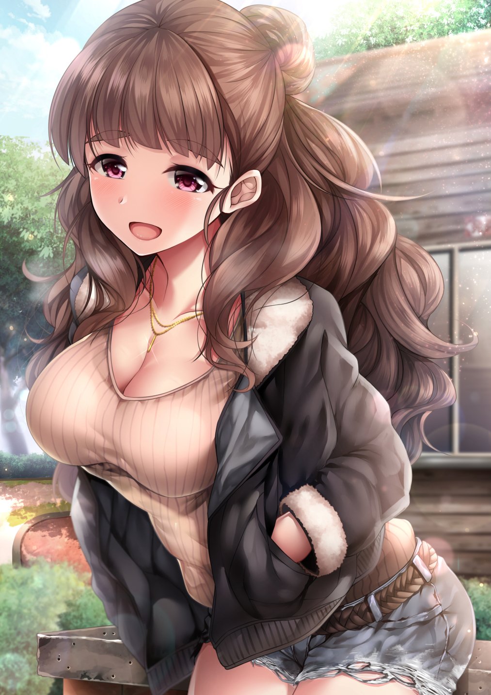 1girl bangs beige_sweater belt bench black_jacket blunt_bangs blush breasts brown_hair cleavage collarbone cutoffs denim denim_shorts garana hair_bun hands_in_pockets highres hips idolmaster idolmaster_cinderella_girls jacket jewelry kamiya_nao large_breasts lens_flare long_hair looking_at_viewer necklace open_clothes open_jacket open_mouth outdoors red_eyes ribbed_sweater shorts smile solo sunlight sweater thick_eyebrows tree wavy_hair