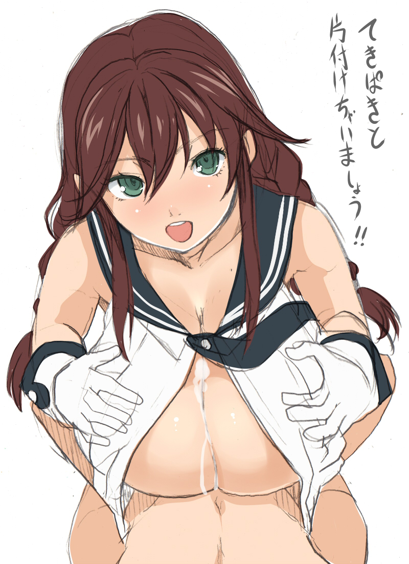 1boy 1girl blush breast_grab breast_hold breasts brown_hair cleavage cum cum_on_body cum_on_breasts cum_on_upper_body cumdrip gloves grabbing green_eyes hetero huge_breasts kantai_collection kloah long_hair looking_at_viewer noshiro_(kantai_collection) paizuri pov school_uniform simple_background translated translation_request white_background