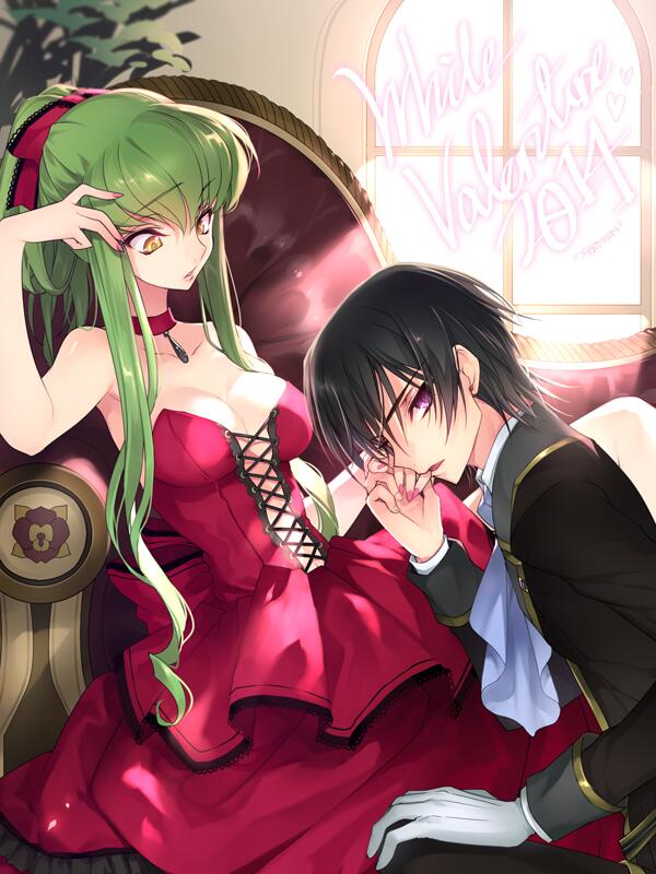 1girl bare_shoulders black_hair blush breasts c.c. choker cleavage code_geass creayus dress gloves green_hair hand_kiss kiss lelouch_lamperouge long_hair medium_breasts open_mouth purple_eyes red_dress sitting white_day white_gloves yellow_eyes