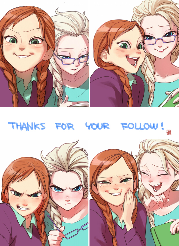 a-ka anna_(frozen) bespectacled blonde_hair blue_eyes book braid dress elsa_(frozen) english face freckles frozen_(disney) glasses laughing long_hair making_faces multiple_girls siblings single_braid sisters smile twin_braids