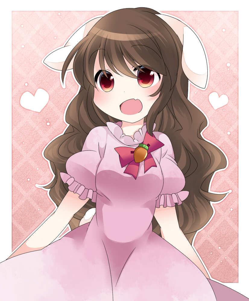 alternate_hair_length alternate_hairstyle animal_ears blush bow brown_hair bunny_ears bunny_tail carrot commentary_request dress fang hammer_(sunset_beach) heart inaba_tewi long_hair looking_at_viewer open_mouth pink_dress red_eyes smile solo tail touhou