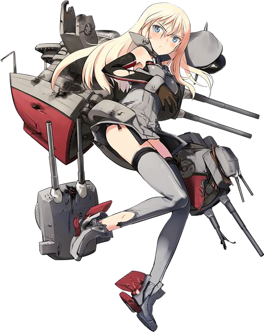armband bismarck_(kantai_collection) blonde_hair blush boots breasts brown_gloves cannon detached_sleeves full_body gloves grey_eyes grey_footwear grey_legwear hat hat_removed headwear_removed kantai_collection long_hair mecha_musume medium_breasts official_art open_mouth peaked_cap shimada_fumikane solo thighhighs torn_clothes torn_legwear transparent_background