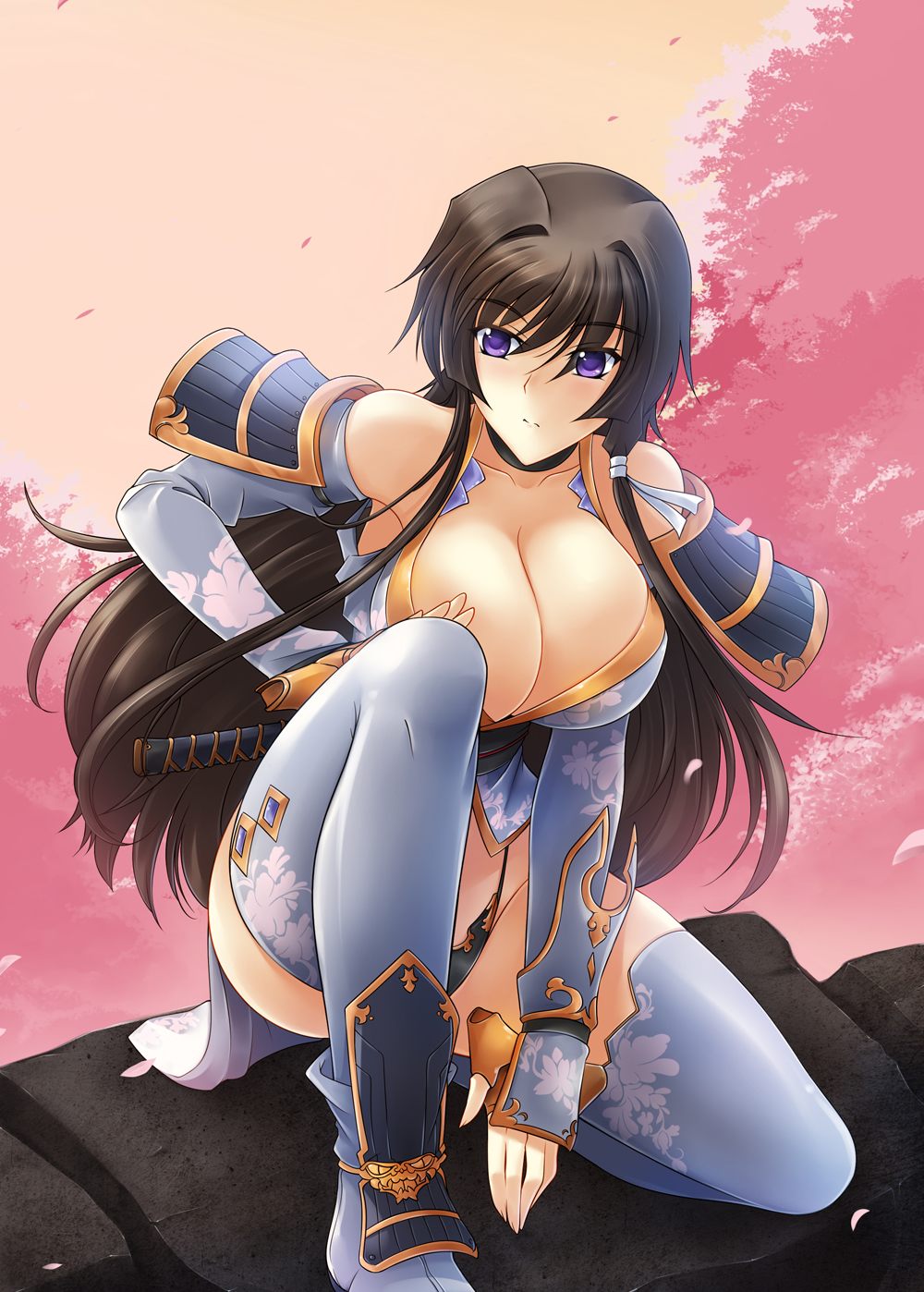alternate_costume armor armpits bare_shoulders black_panties breasts brown_hair cherry_blossoms cleavage collarbone commentary_request detached_sleeves floral_print haganef hair_ribbon highres japanese_armor japanese_clothes large_breasts long_hair long_sleeves looking_away muvluv muvluv_alternative muvluv_total_eclipse ninja on_roof one_knee panties pauldrons petals purple_eyes revealing_clothes ribbon solo takamura_yui thighhighs tree underwear white_legwear