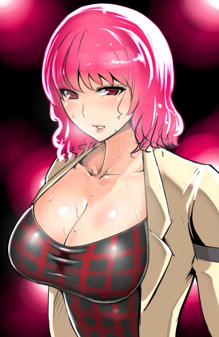 breasts cleavage collarbone horikawa_raiko ikami_(rockhardridefree) impossible_clothes impossible_shirt jacket large_breasts lips pink_hair red_eyes red_hair shirt short_hair solo sweat touhou