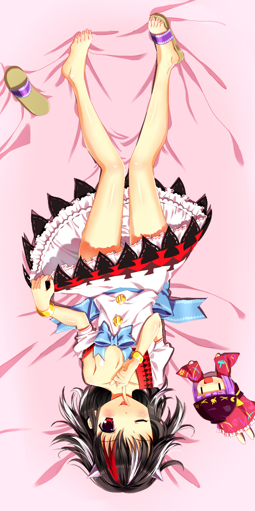 ;p bad_id bad_pixiv_id bare_legs bare_shoulders barefoot black_hair bowl bracelet cnm dakimakura finger_licking horns japanese_clothes jewelry kijin_seija kimono lavender_hair licking lying minigirl multicolored_hair multiple_girls on_back one_eye_closed partially_undressed red_eyes sandals skirt skirt_lift sukuna_shinmyoumaru tongue tongue_out touhou upside-down