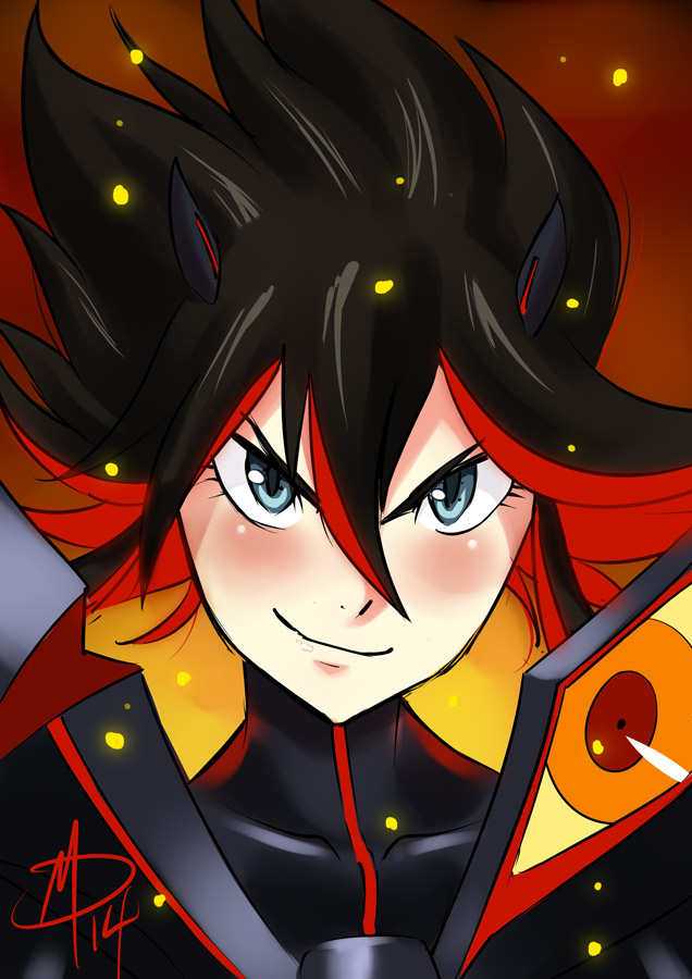 black_hair blue_eyes blush daniel_macgregor hairpods kill_la_kill matoi_ryuuko multicolored_hair red_hair senketsu short_hair smile solo spiked_hair two-tone_hair