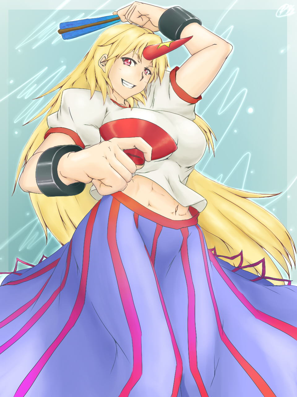 abs blonde_hair breasts cuffs cup fan grin highres horn hoshiguma_yuugi large_breasts long_hair long_skirt navel red_eyes sakazuki shackles shirt skirt smile solo striped t-shirt touhou vertical_stripes very_long_hair yoshinaka_(wethand)