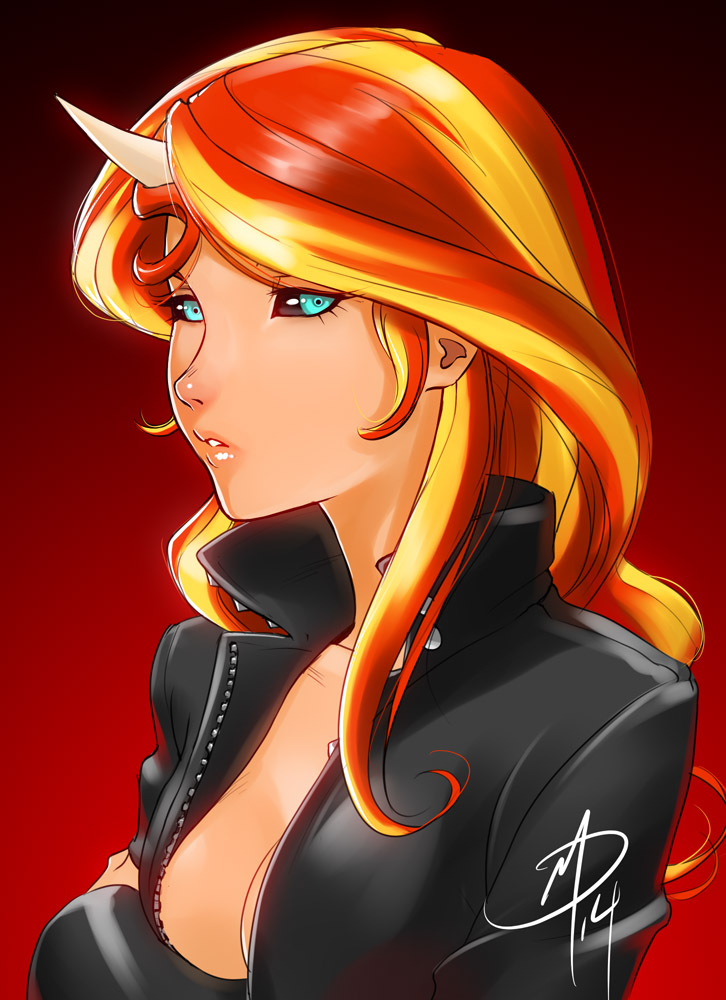 bad_deviantart_id bad_id black_sclera blonde_hair blue_eyes breasts daniel_macgregor holding_arm horn lips long_hair medium_breasts multicolored_hair my_little_pony my_little_pony_equestria_girls my_little_pony_friendship_is_magic nose red_hair solo sunset_shimmer two-tone_hair unzipped