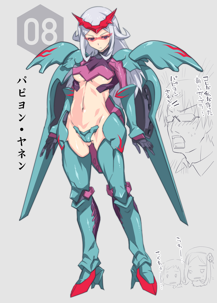 aila_jyrkiainen armor armored_boots boots breasts c-string center_opening cosplay full_body grey_background gundam gundam_build_fighters long_hair medium_breasts mudou_eichi navel nine_barthes qubeley_papillon qubeley_papillon_(cosplay) revealing_clothes shoulder_pads silver_hair simple_background solo standing thigh_boots thighhighs underboob