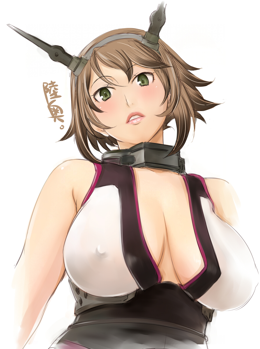 breasts brown_hair covered_nipples green_eyes highres kantai_collection large_breasts lips looking_at_viewer looking_down mutsu_(kantai_collection) parted_lips short_hair shoumaru_(gadget_box) simple_background solo translated white_background