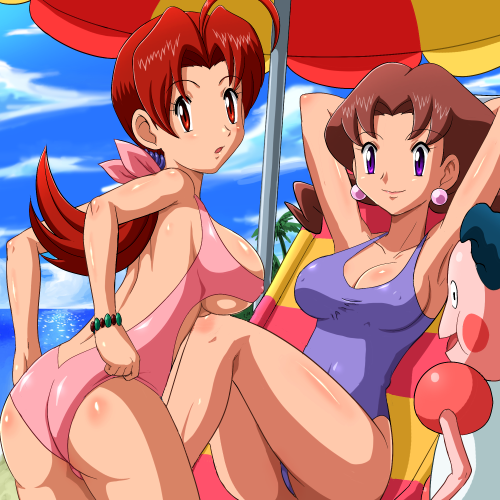 2girls adjusting_clothes adjusting_swimsuit ahoge armpits arms_behind_head arms_up ass back beach bikini blush bow bracelet breasts brown_hair chair cleavage cloud clouds collarbone earrings ears erect_nipples hair_bow hair_ornament hair_ribbon hanako_(pokemon) hips jewelry large_breasts legs lounge_chair lowres milf mitsuko_(pokemon) mr._mime multiple_girls navel nintendo nipples one-piece_swimsuit open_mouth outdoors panties pokemoa pokemon pokemon_(anime) ponytail purple_eyes red_eyes red_hair ribbon sand shiny shiny_skin short_hair short_twintails sideboob sitting sky smile swimsuit thong twintails umbrella underboob underwear water wristband