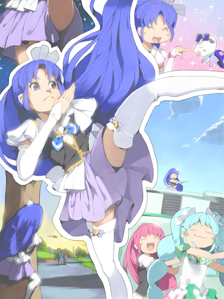 aino_megumi akinbo_(hyouka_fuyou) alternate_form bad_id bad_pixiv_id blue_eyes blue_hair blue_skirt commentary_request cure_fortune cure_lovely cure_princess dancing gurasan_(happinesscharge_precure!) hair_ornament happinesscharge_precure! hikawa_iona long_hair macadamia_hula_dance magical_girl montage multiple_girls pink_eyes pink_hair ponytail precure shirayuki_hime skirt smile thighhighs twintails wide_ponytail wrist_cuffs