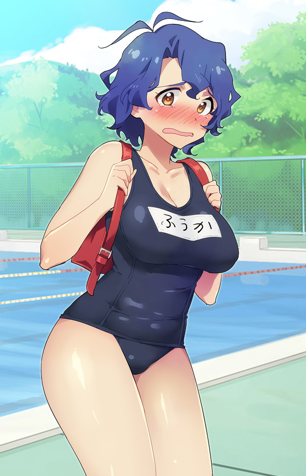 1girl ahoge backpack bag blue_hair blush breasts brown_eyes cleavage idolmaster idolmaster_million_live! large_breasts looking_at_viewer naked_bandage open_mouth randoseru school_swimsuit short_hair solo standing swimsuit taki_(nakochan) toyokawa_fuuka