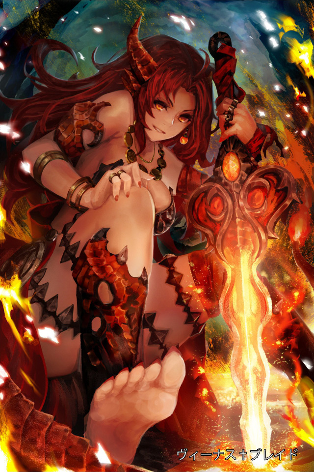 bare_shoulders barefoot breasts demon_girl earrings feet fire horns jewelry large_breasts long_hair looking_at_viewer nail_polish necklace orange_eyes parted_lips red_hair revision ring sitting solo sword tail venus_blade weapon yaoya_musuko