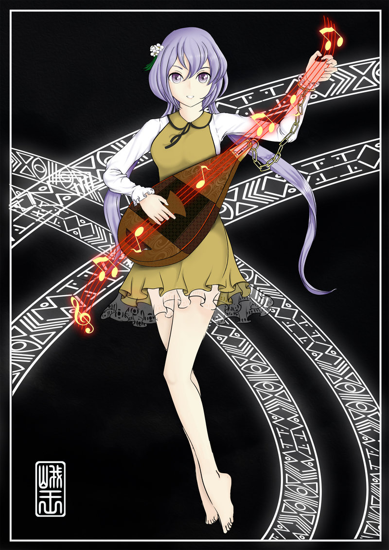 bare_legs barefoot beamed_eighth_notes biwa_lute black_background brown_dress chain dress eighth_note flower full_body gaouu glowing grin hair_flower hair_ornament instrument long_hair long_sleeves looking_at_viewer lute_(instrument) music musical_note playing_instrument purple_eyes purple_hair short_dress simple_background smile solo staff_(music) touhou treble_clef tsukumo_benben twintails