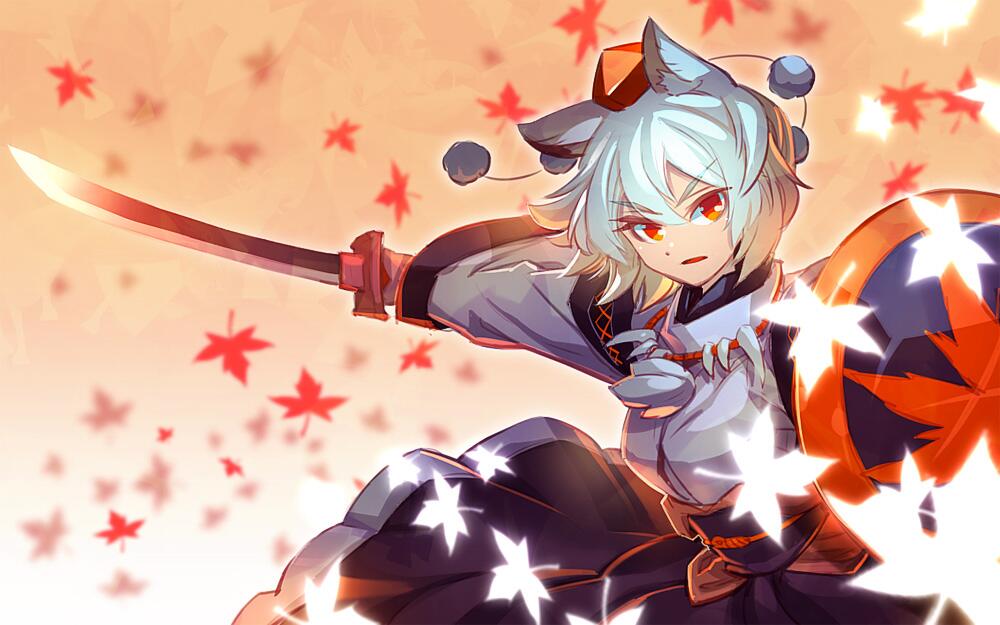 albino animal_ears fighting_stance hat inubashiri_momiji japanese_clothes jewelry leaf long_sleeves looking_at_viewer maple_leaf necklace obi open_mouth pom_pom_(clothes) red_eyes sash shield shirt short_hair simple_background skirt solo sword tokin_hat touhou weapon white_hair wide_sleeves wolf_ears zounose