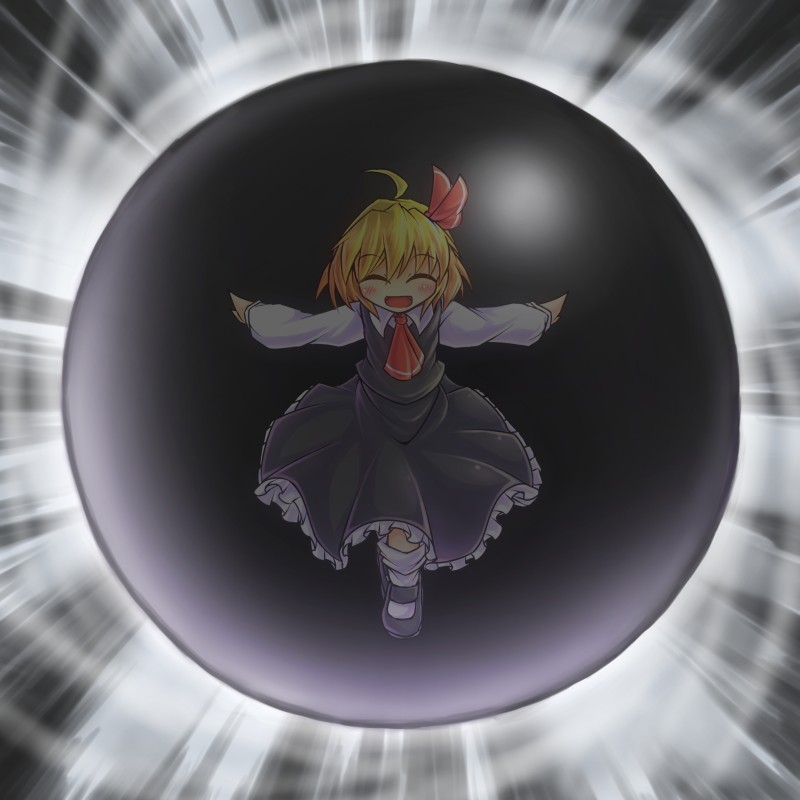 :d ^_^ ^o^ ascot blonde_hair blouse closed_eyes commentary_request darkness derivative_work duel_monster frilled_skirt frills fun_bo hair_ribbon open_mouth outstretched_arms ribbon rumia rumia_(darkness) short_hair skirt smile sphere spread_arms the_wicked_avatar touhou vest yuu-gi-ou