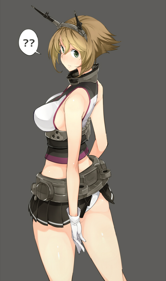 ? amami_amayu bare_shoulders belt breasts brown_hair gloves green_eyes grey_background headgear kantai_collection large_breasts looking_at_viewer looking_back miniskirt mutsu_(kantai_collection) panties short_hair simple_background skirt solo underwear white_gloves white_panties
