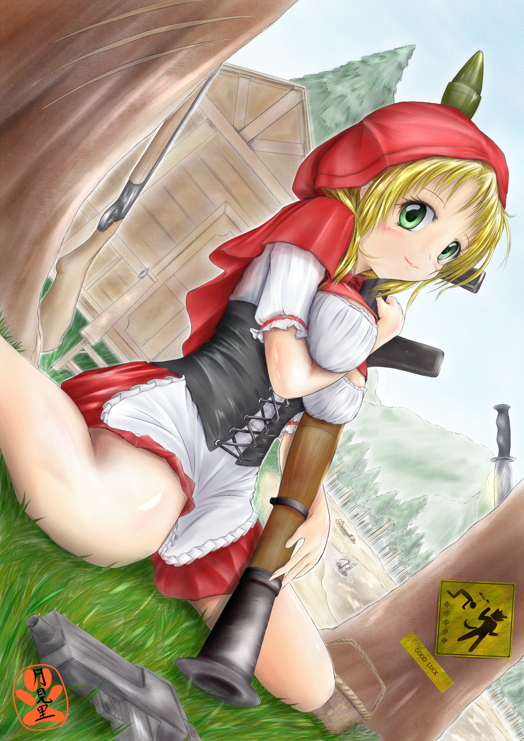 anachronism artist_name basket between_breasts big_bad_wolf_(grimm) blonde_hair blush breasts combat_knife dress dutch_angle grass green_eyes grimm's_fairy_tales gun halo hand_between_breasts handgun highres holding holding_weapon hood knife large_breasts lipstick little_red_riding_hood little_red_riding_hood_(grimm) log_cabin makeup pitfall planted_knife planted_weapon rifle road_sign rocket_launcher rpg rpg-7 short_hair sign signature sitting smile solo stuck translated trapped tree wariza weapon wolf yamanashi_kotoya