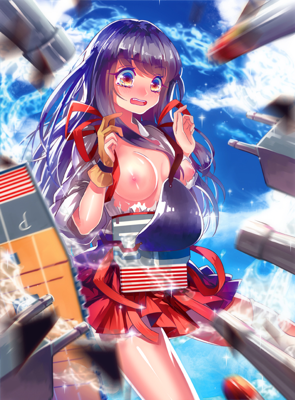 akagi_(kantai_collection) bad_id bad_pixiv_id blush breasts brown_eyes brown_hair embarrassed gloves gradient_eyes japanese_clothes kantai_collection long_hair medium_breasts multicolored multicolored_eyes muneate nipples open_mouth partly_fingerless_gloves skirt sky solo sougishi_ego tears thighhighs torn_clothes torn_legwear wardrobe_malfunction white_legwear yugake