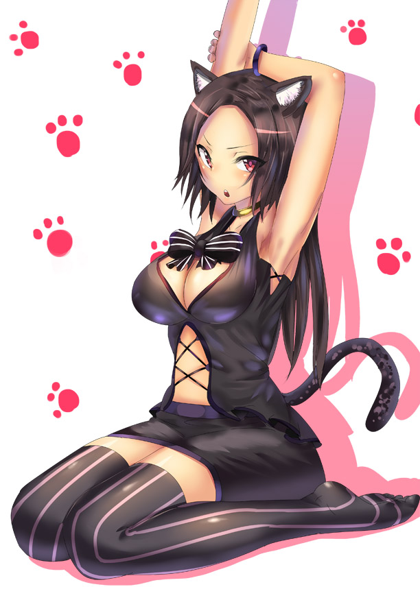 animal_ears black_hair breasts cat_ears cat_tail cleavage large_breasts long_hair noririn original red_eyes solo tail thighhighs