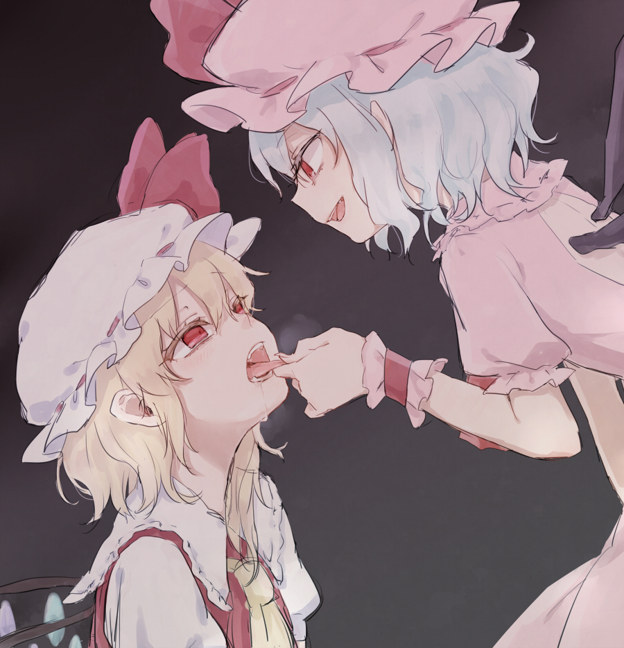 ascot bad_id bad_pixiv_id bat_wings blonde_hair blue_hair dress flandre_scarlet hat hat_ribbon honotai mob_cap multiple_girls open_mouth pink_dress puffy_sleeves red_dress red_eyes remilia_scarlet ribbon saliva short_sleeves siblings sisters smile tongue tongue_grab tongue_out touhou wings