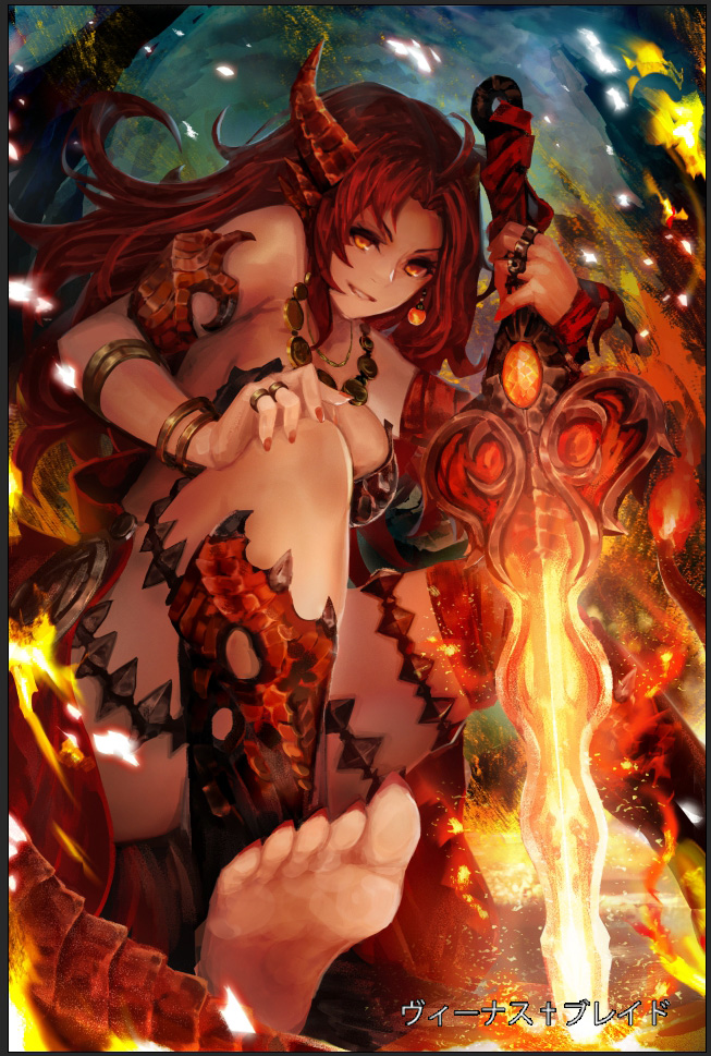 bare_shoulders barefoot border breasts demon_girl earrings feet fire horns jewelry large_breasts long_hair looking_at_viewer md5_mismatch nail_polish necklace orange_eyes parted_lips red_hair ring sitting solo sword tail venus_blade weapon yaoya_musuko