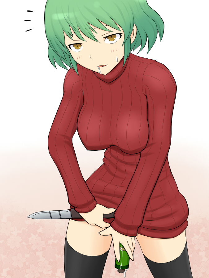 black_legwear breasts clothes_lift commentary_request dress drooling green_hair high_heels hikage_(senran_kagura) knife kurokaji large_breasts looking_at_another looking_at_viewer masturbation object_insertion pussy_juice pussy_juice_trail ribbed_sweater scroll senran_kagura senran_kagura_shinovi_versus short_hair simple_background slit_pupils solo standing sweatdrop sweater sweater_dress sweater_lift thighhighs white_background yellow_eyes zettai_ryouiki