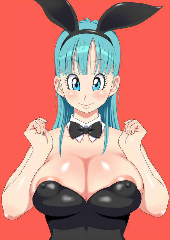 animal_ears aqua_hair areola_slip areolae bare_shoulders blue_eyes blush bow bowtie breasts bulma bunny_ears bunnysuit cleavage covered_nipples dangan_minorz detached_collar dragon_ball dragon_ball_(classic) eyelashes fake_animal_ears hairband huge_breasts long_hair red_background smile solo