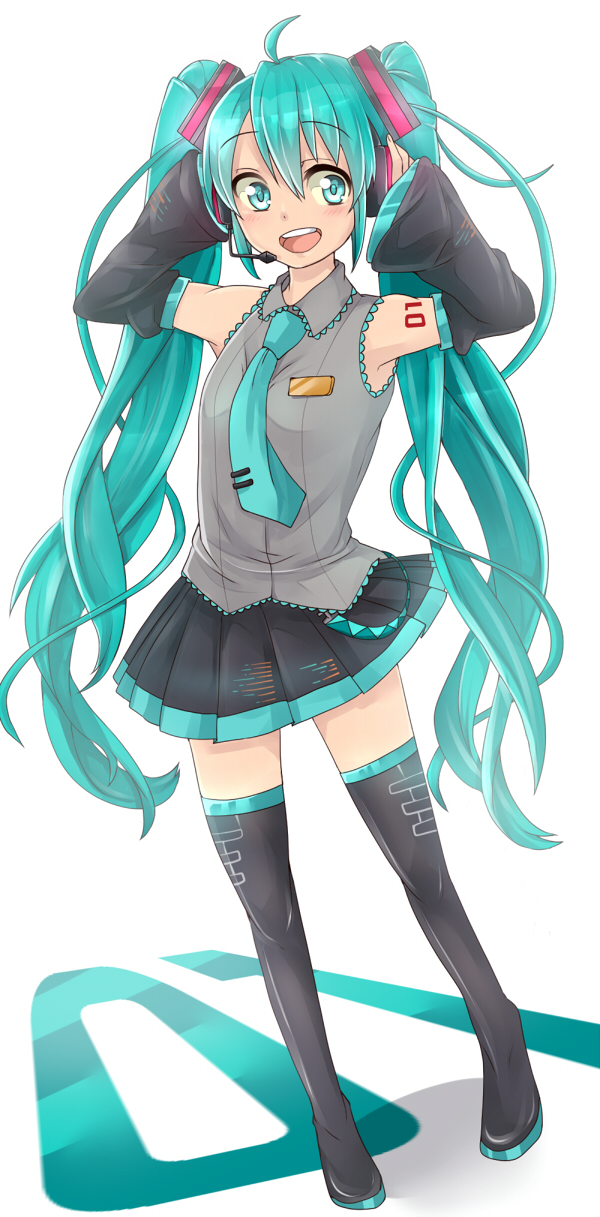 ahoge aqua_eyes aqua_hair arms_up bad_id bad_pixiv_id boots detached_sleeves full_body hatsune_miku headset highres long_hair necktie open_mouth skirt solo thigh_boots thighhighs twintails very_long_hair vocaloid white_background