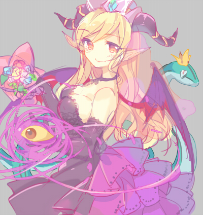 bad_id bad_pixiv_id bare_shoulders black_dress blonde_hair choker crown dress frills gloves horns lilith_(p&amp;d) long_hair looking_at_viewer lowres mini_crown pf pointy_ears puzzle_&amp;_dragons smile snake solo third_eye wings yellow_eyes