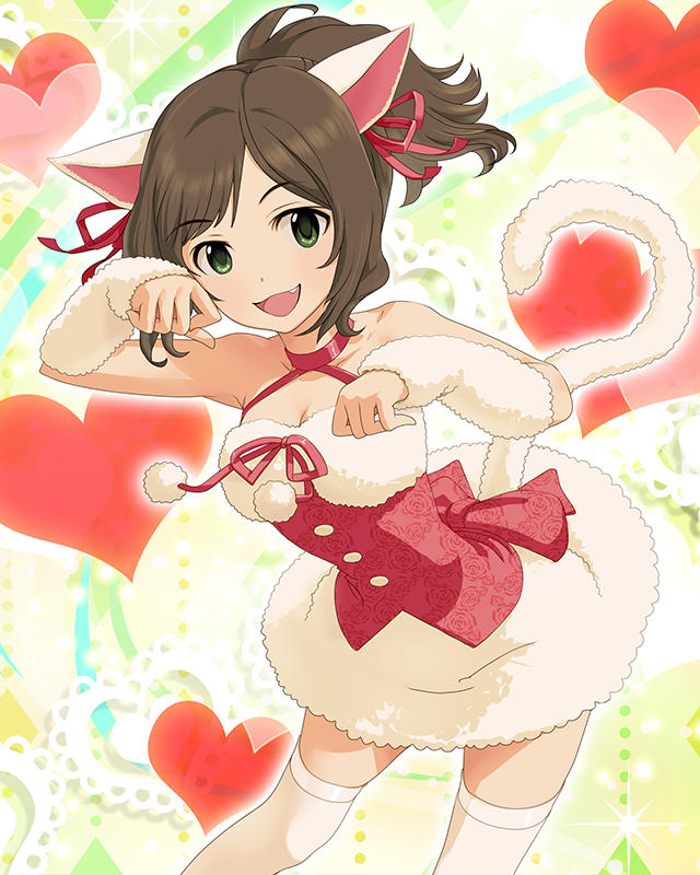 :d animal_ears artist_request brown_hair cat_ears cat_tail detached_sleeves dress flower green_eyes heart idolmaster idolmaster_cinderella_girls maekawa_miku official_art open_mouth paw_pose ponytail ribbon smile solo tail