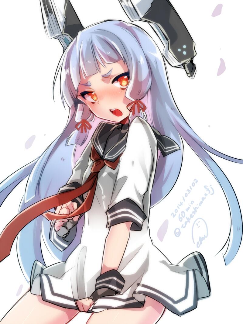 blue_hair blush covering covering_crotch dated eyebrows fingerless_gloves gloves headgear kantai_collection long_hair murakumo_(kantai_collection) no_legwear open_mouth orange_eyes school_uniform serafuku sidelocks signature skirt skirt_tug solo takeshima_(nia)