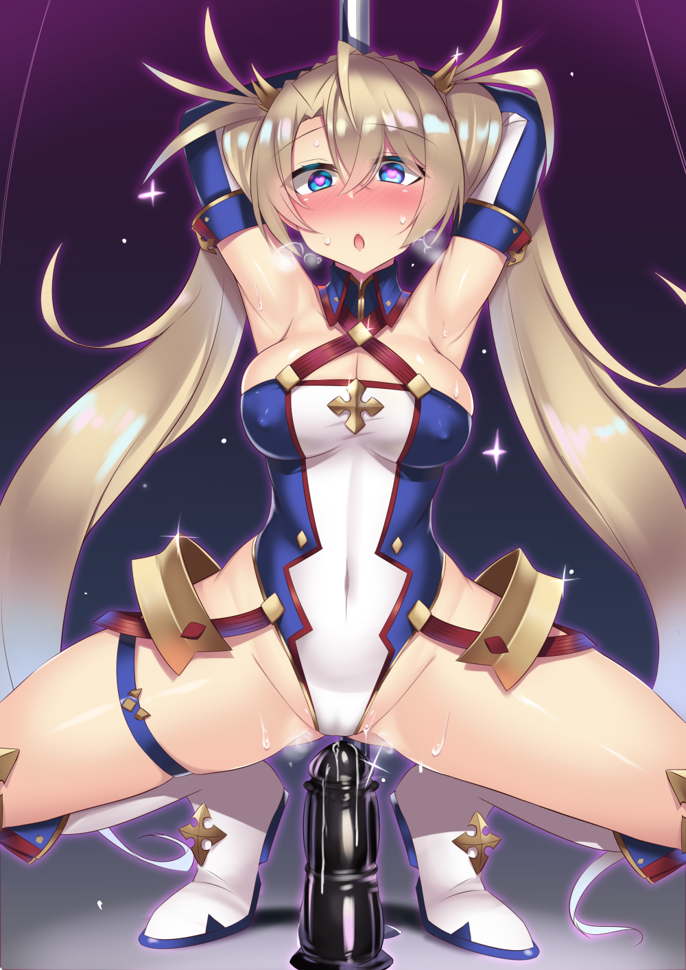 armpits arms_up blonde_hair blue_eyes blush boots bradamante_(fate/grand_order) breasts breath cleavage covered_navel dildo elbow_gloves erect_nipples fate/grand_order fate_(series) faulds gloves groin hair_ornament heart heart-shaped_pupils highres kutan leotard long_hair medium_breasts navel pole pole_dancing solo sweat symbol-shaped_pupils twintails very_long_hair