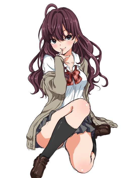 blue_eyes blush brown_hair finger_to_mouth ichinose_shiki idolmaster idolmaster_cinderella_girls long_hair looking_at_viewer navel off_shoulder panties school_uniform smile solo tottoto_tomekichi underwear