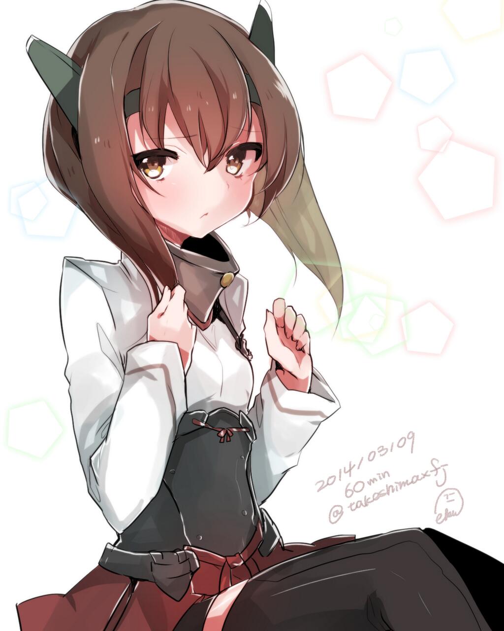 1girl black_legwear brown_eyes brown_hair dated headgear highres kantai_collection looking_at_viewer personification short_hair signature solo taihou_(kantai_collection) takeshima_(nia) thighhighs