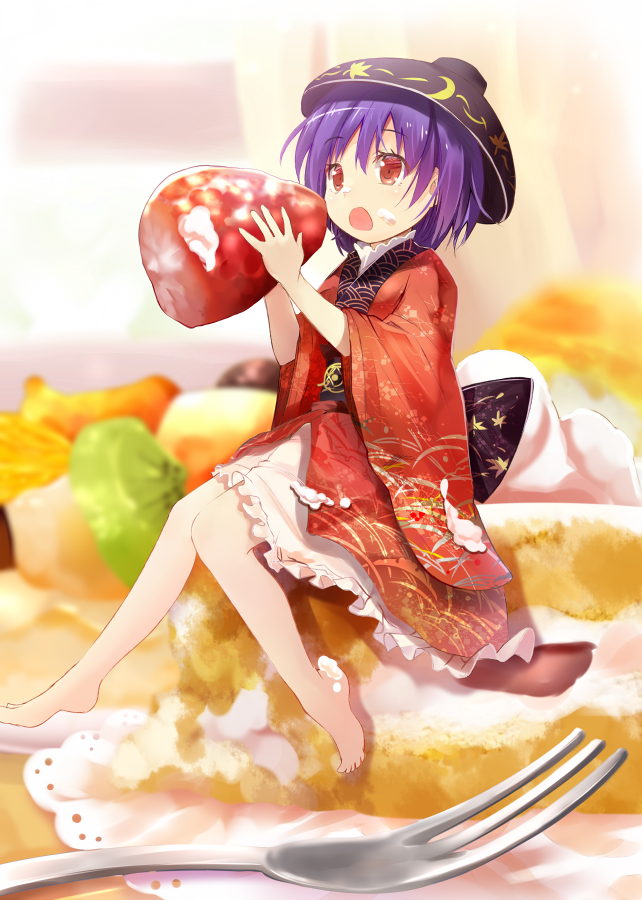 barefoot bowl bowl_hat cake cream cream_on_face eating efe food food_on_face fork fruit hat japanese_clothes kimono minigirl open_mouth purple_hair red_eyes short_hair solo strawberry sukuna_shinmyoumaru touhou whipped_cream