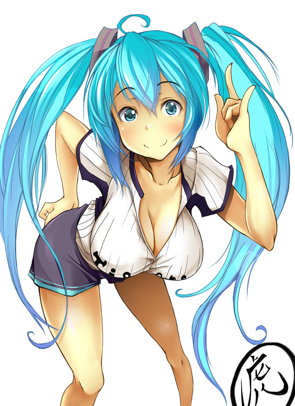 \m/ ahoge aqua_eyes aqua_hair blush breasts cleavage gengoroh hand_on_hip hanging_breasts hatsune_miku large_breasts long_hair looking_at_viewer shiny shiny_skin shirt smile solo taut_clothes taut_shirt twintails very_long_hair vocaloid white_background