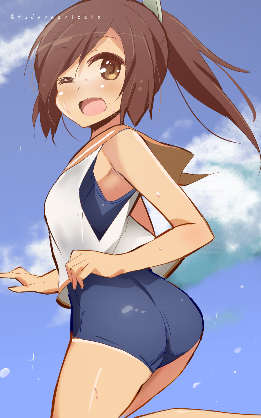 9law blush brown_eyes brown_hair cloud day highres i-401_(kantai_collection) kantai_collection one_eye_closed open_mouth ponytail sailor_collar school_swimsuit short_hair signature sketch sky solo swimsuit swimsuit_under_clothes tan tanline