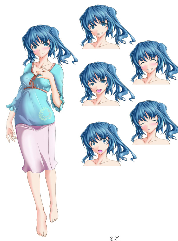 alternate_costume barefoot blue_eyes blue_hair character_sheet closed_eyes grin hand_on_own_chest kawashiro_nitori multiple_views open_mouth shirasaki_(19295604) short_hair simple_background smile surprised touhou white_background