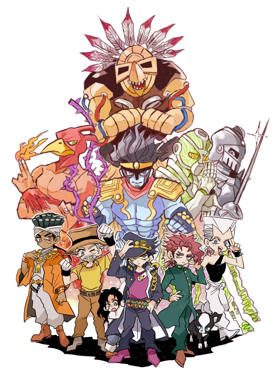 5boys hermit_purple hierophant_green highres iggy_(jojo) jean_pierre_polnareff jojo_no_kimyou_na_bouken joseph_joestar kakyouin_noriaki kuujou_joutarou magician's_red mohammed_avdol multiple_boys runaway_girl_(jojo) sahau228 silver_chariot stand_(jojo) star_platinum stardust_crusaders the_fool