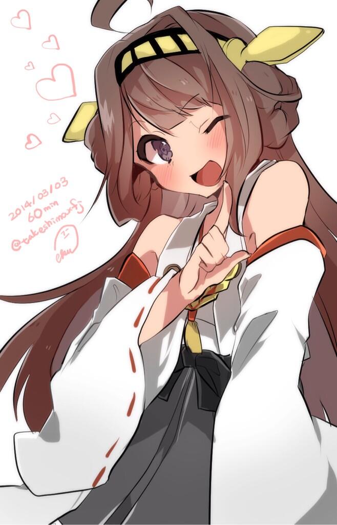 ;d ahoge artist_name brown_eyes brown_hair dated double_bun headgear heart index_finger_raised kantai_collection kongou_(kantai_collection) long_hair nontraditional_miko one_eye_closed open_mouth pointing ribbon-trimmed_sleeves ribbon_trim signature smile solo takeshima_(nia) twitter_username white_background