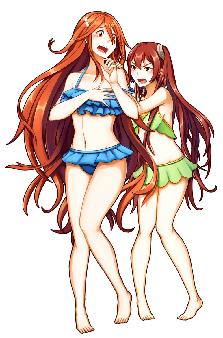 bikini blush brown_eyes brown_hair feathers fire_emblem fire_emblem:_kakusei frilled_bikini frills hair_ornament long_hair mother_and_daughter multiple_girls open_mouth pokey red_eyes red_hair selena_(fire_emblem) swimsuit tiamo transparent_background twintails very_long_hair