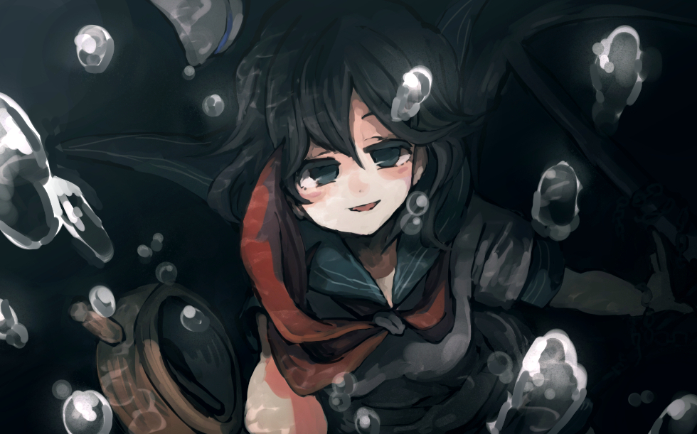 black_hair blue_eyes hat hat_removed headwear_removed hisona_(suaritesumi) looking_at_viewer murasa_minamitsu neckerchief open_mouth short_sleeves smile solo touhou underwater