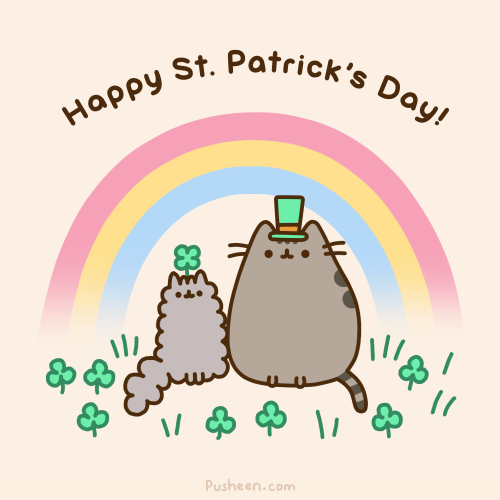 ambiguous_gender animated cat cute english_text feline fur grass grey_fur happy hat holidays mammal plain_background pusheen pusheen_corp rainbow shamrock simple_background st._patrick's_day st._patrick's_day text whiskers