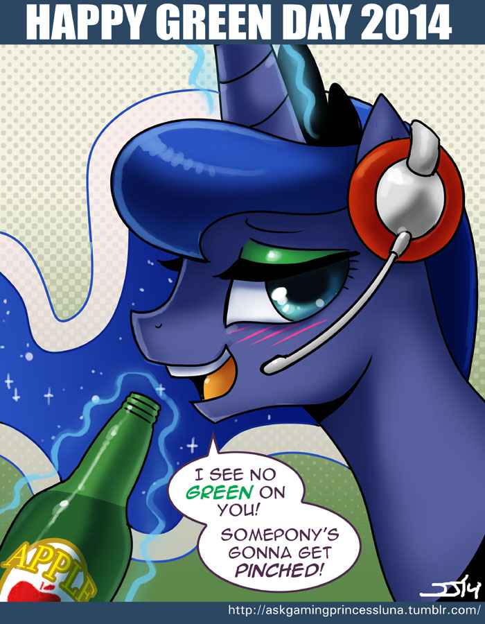 blue_eyes blue_hair blush cider drunk english_text equine female feral friendship_is_magic hair holidays horn horse john_joseco long_hair looking_at_viewer mammal my_little_pony pony princess_luna_(mlp) smile solo st._patrick's_day st._patrick's_day text winged_unicorn wings